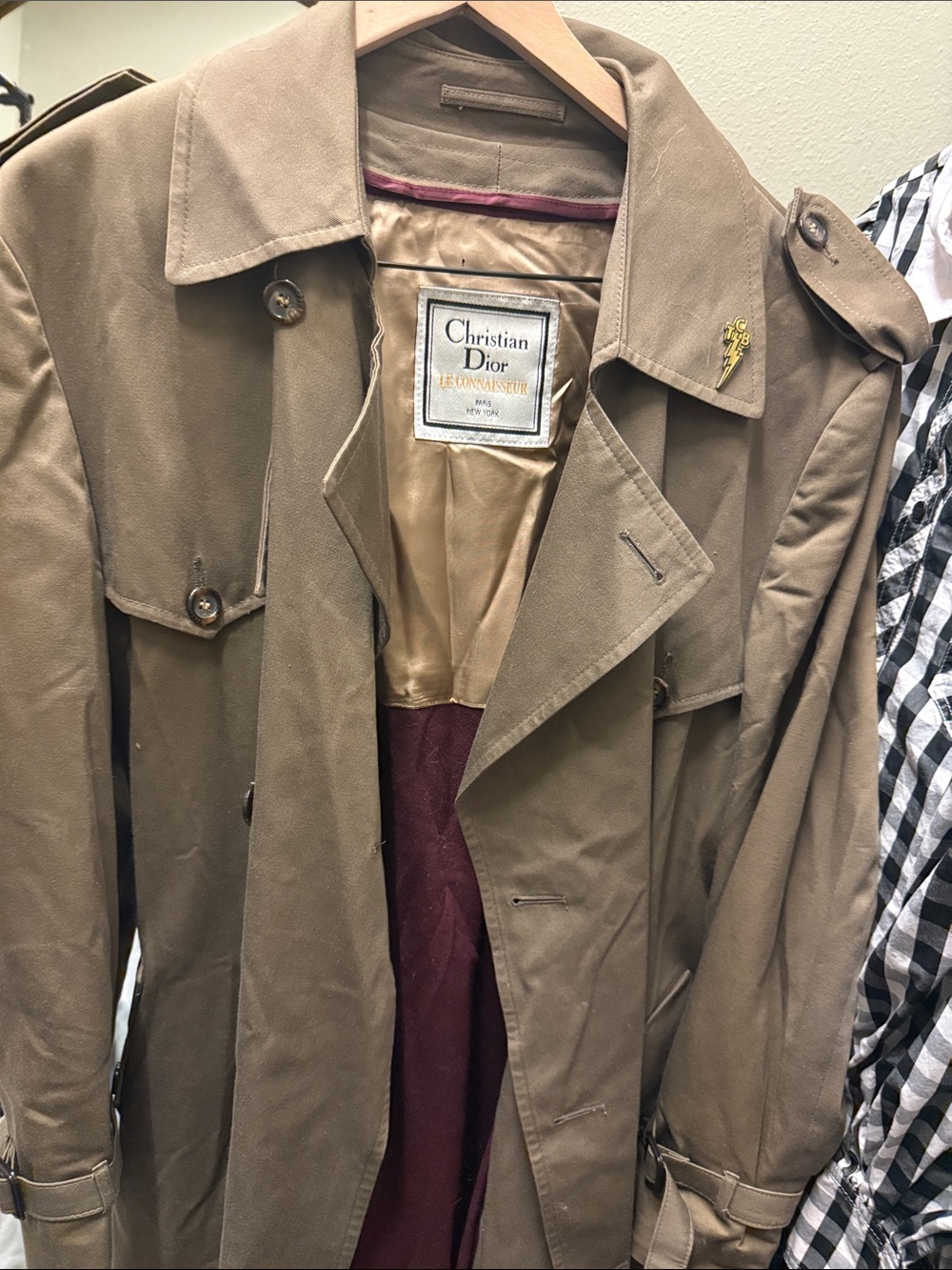 Christian Dior Men's Brown Trench Coat with Burgundy Lining